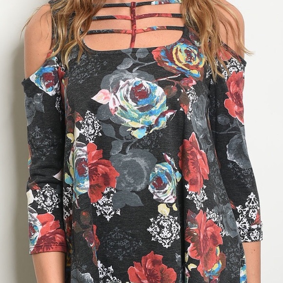 Charcoal Gray Cold Shoulder Floral Top - Picture 2 of 8